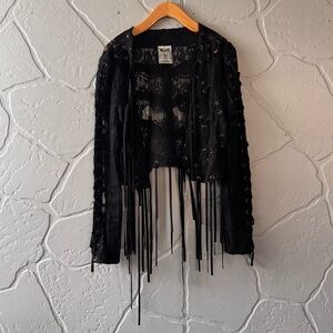Vocal Lace Up Fringe Jacket Black Lace Grommet Festival Goth Top Small Top